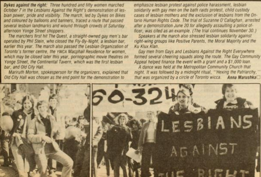 QueerEvents.ca - Queer History - History of Dyke March - image of body politic dykes against right Oct 1981 article 