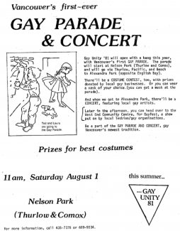 Queer History - poster of first pride parade in Vancouver 1981